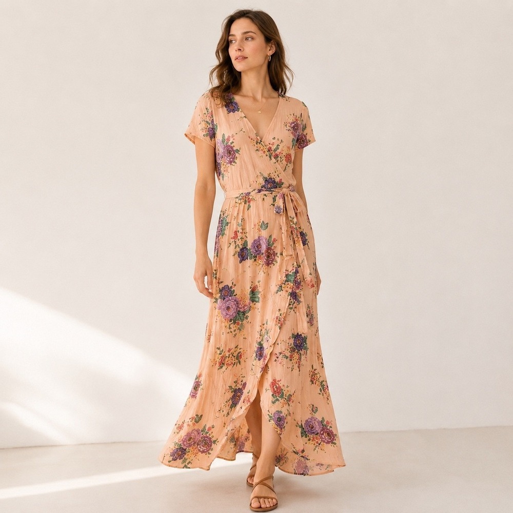 & Other Stories Floral Maxi Wrap Dress Womens L Boho Cottagecore Short Sleeve